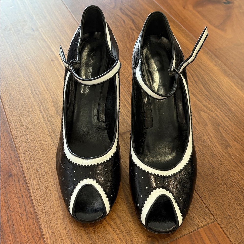 Via Spiga Black and White Peep Toe Heels
